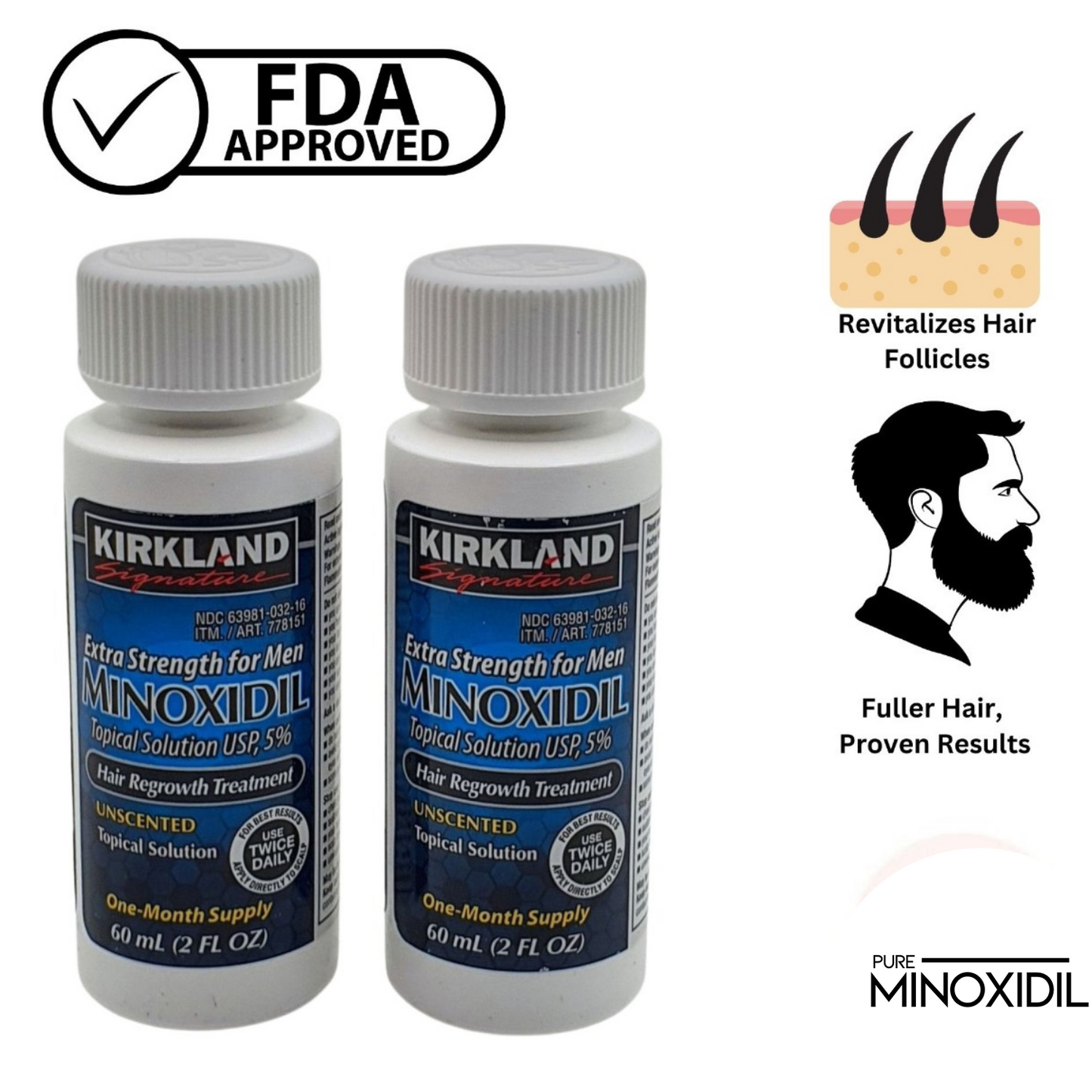 Kirkland Minoxidil 5% Extra Strength Hair Regrowth  Liquid - 12 Month Supply